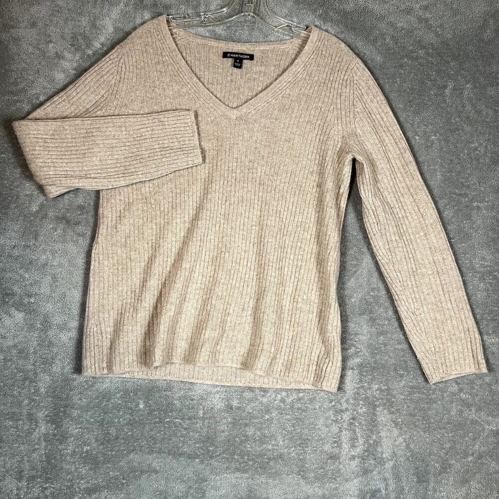 41 Hawthorne 100% Cashmere Sweater Women's M Brown V Neck Pullover Cozy